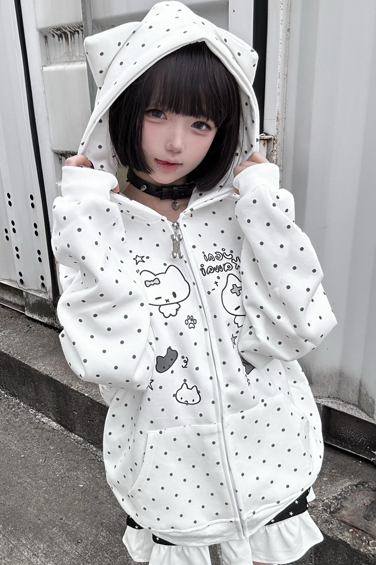 Cat Hood Dot Zip Hoodie