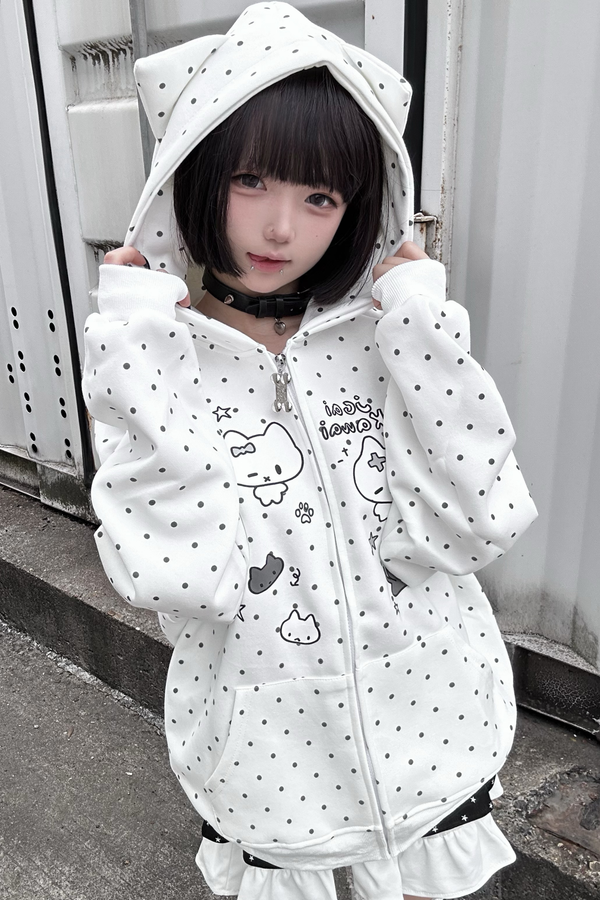 Cat Hood Dot Zip Hoodie