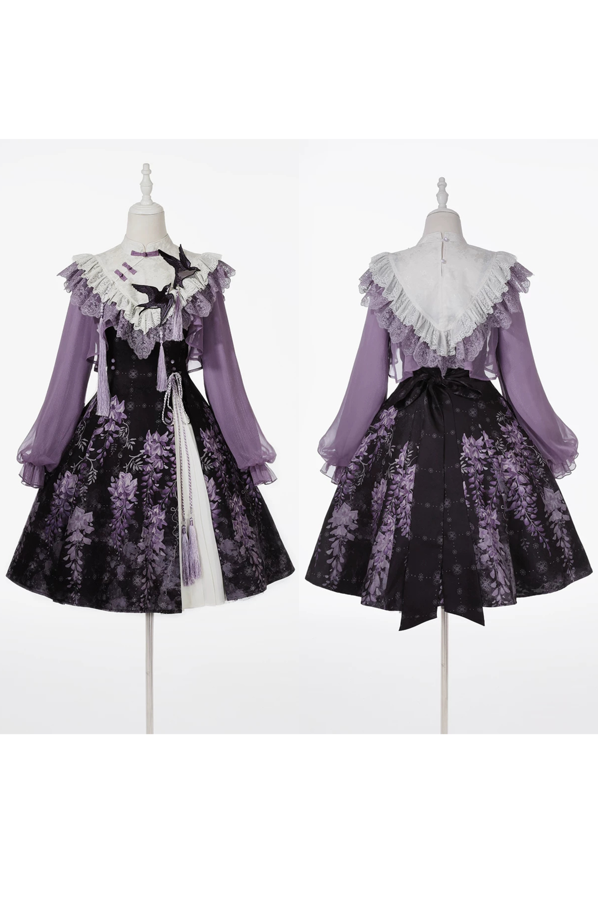 [Reservierungsschluss 8. November] New-Chinese-Lolita-Set mit mondbeschienenem wisterienviolettem JSK-Kleid + kurzem Spitzentop mit Schwalbenstickerei und Quasten