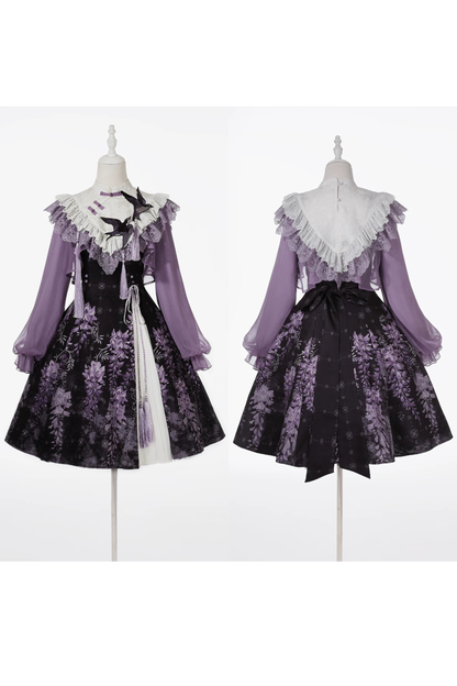 [Reservierungsschluss 8. November] New-Chinese-Lolita-Set mit mondbeschienenem wisterienviolettem JSK-Kleid + kurzem Spitzentop mit Schwalbenstickerei und Quasten