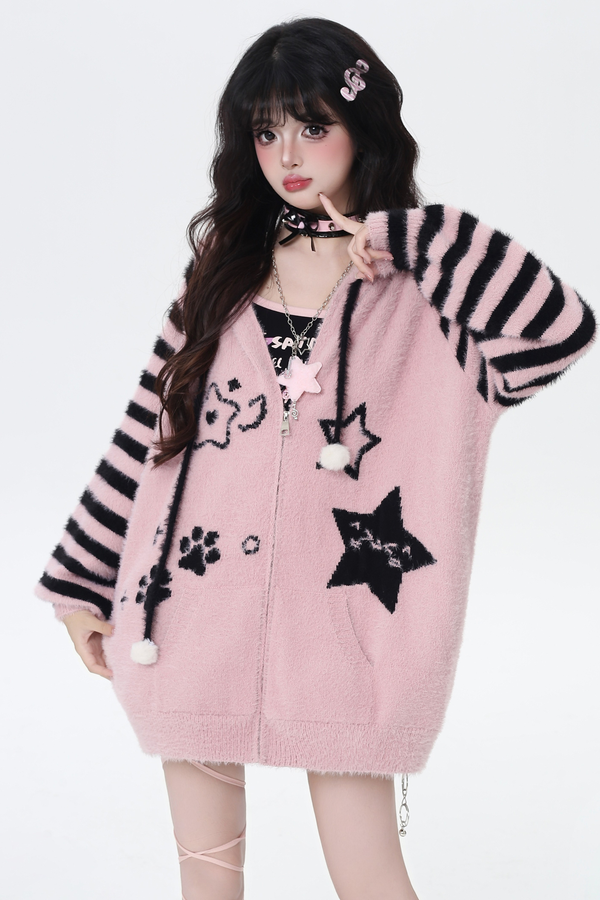 Star Line Striped Hooded Knit Cardigan