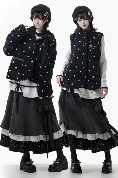 ポルカドットウィンターフリースジャケット+ベスト+トップス+スカートスカーフ