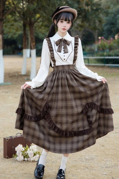 Elegant Check Suspender Skirt + Retro Blouse