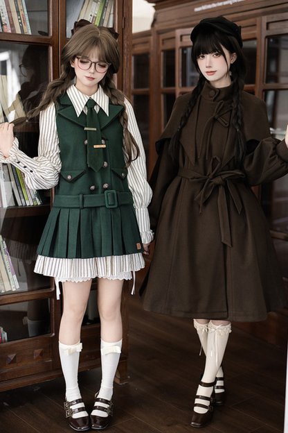 Baker Street Cloak Coat + Striped Dress + Pumpkin Pants + Hat