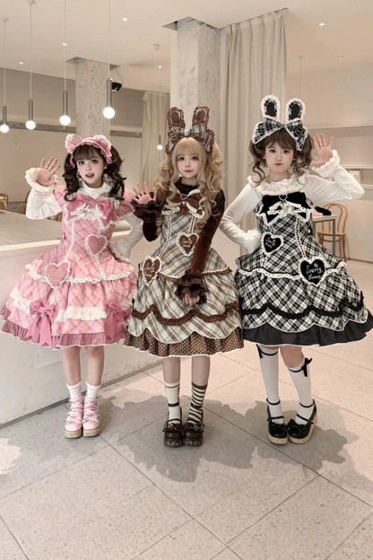 Check Sweet Girly Lolita Tiered Dress + Headband + Hairband