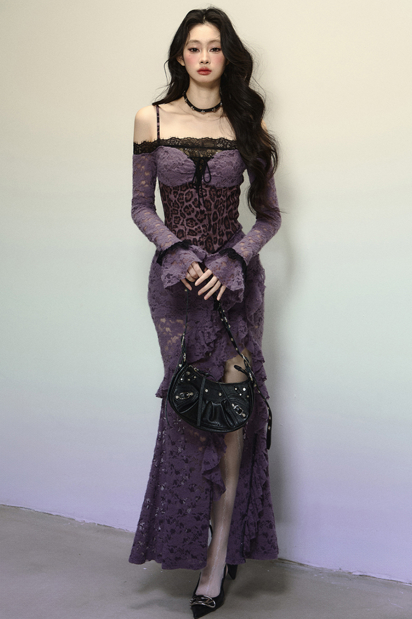 [Reservations] Oriental Purple Kite One-Shoulder High-End Lace Dress