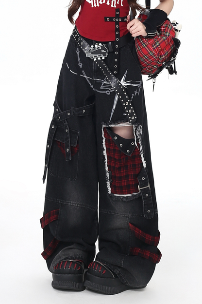 Plaid Patchwork Wide Denim Pants