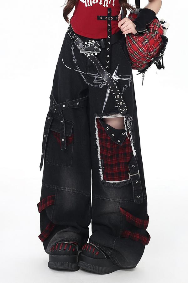 Plaid Patchwork Wide Denim Pants