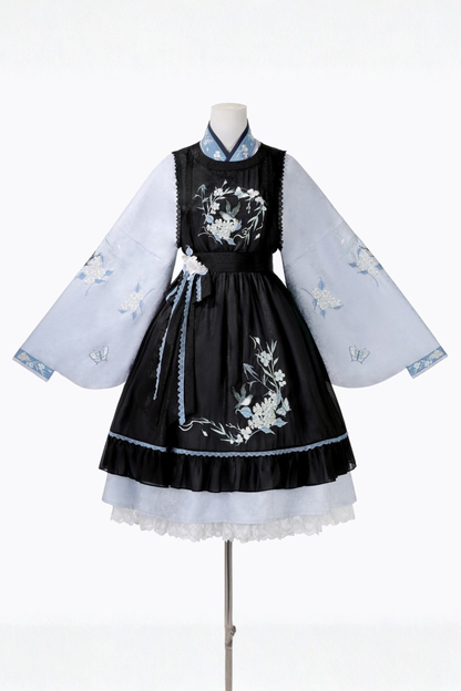 チャイナプラムブロッサムドレス+エプロンスカート