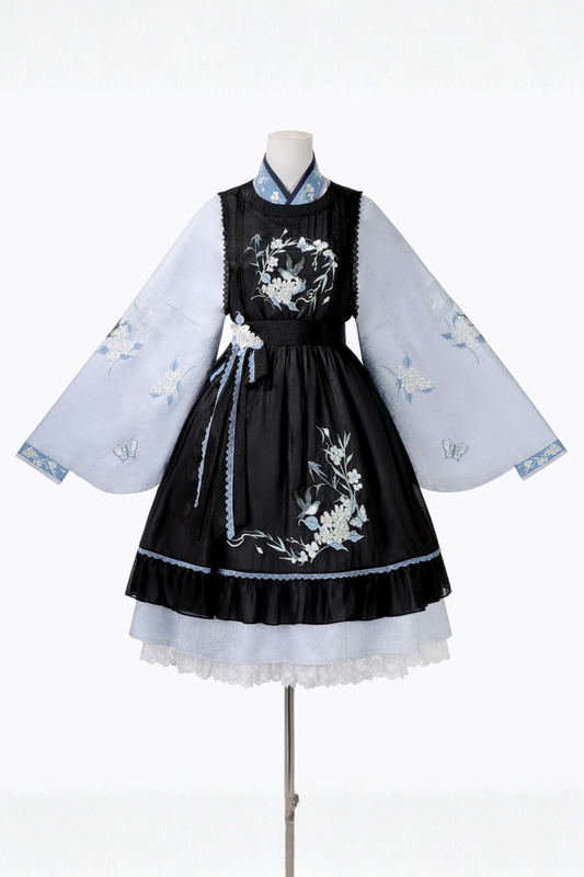 チャイナプラムブロッサムドレス+エプロンスカート