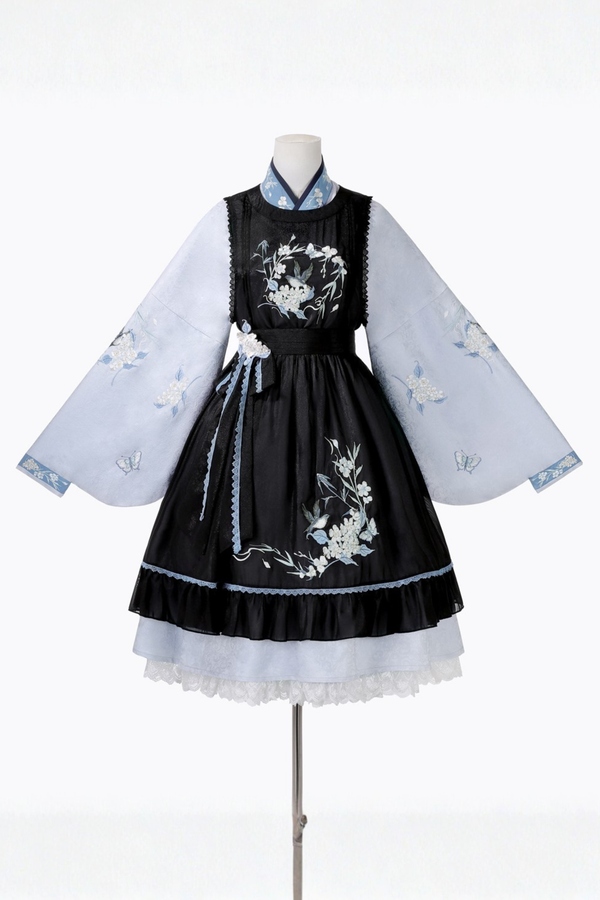 チャイナプラムブロッサムドレス+エプロンスカート