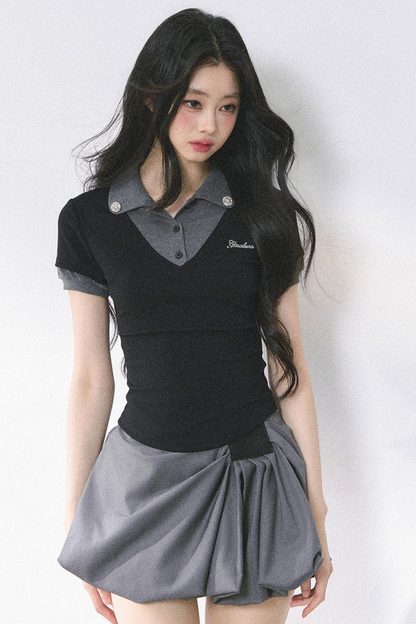 フレンチシャツタイトガーリートップス