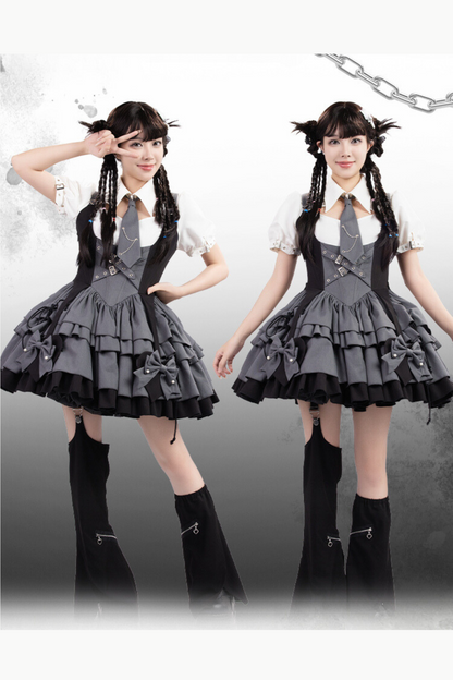 [Reservation product] College style gray black suspender dress