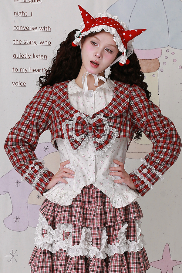 レトロチェックレースリボンショートジャケット