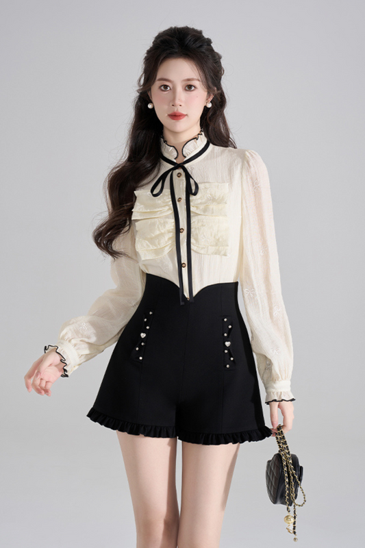 레트로 스탠드 칼라 블라우스 + 프릴 반바지