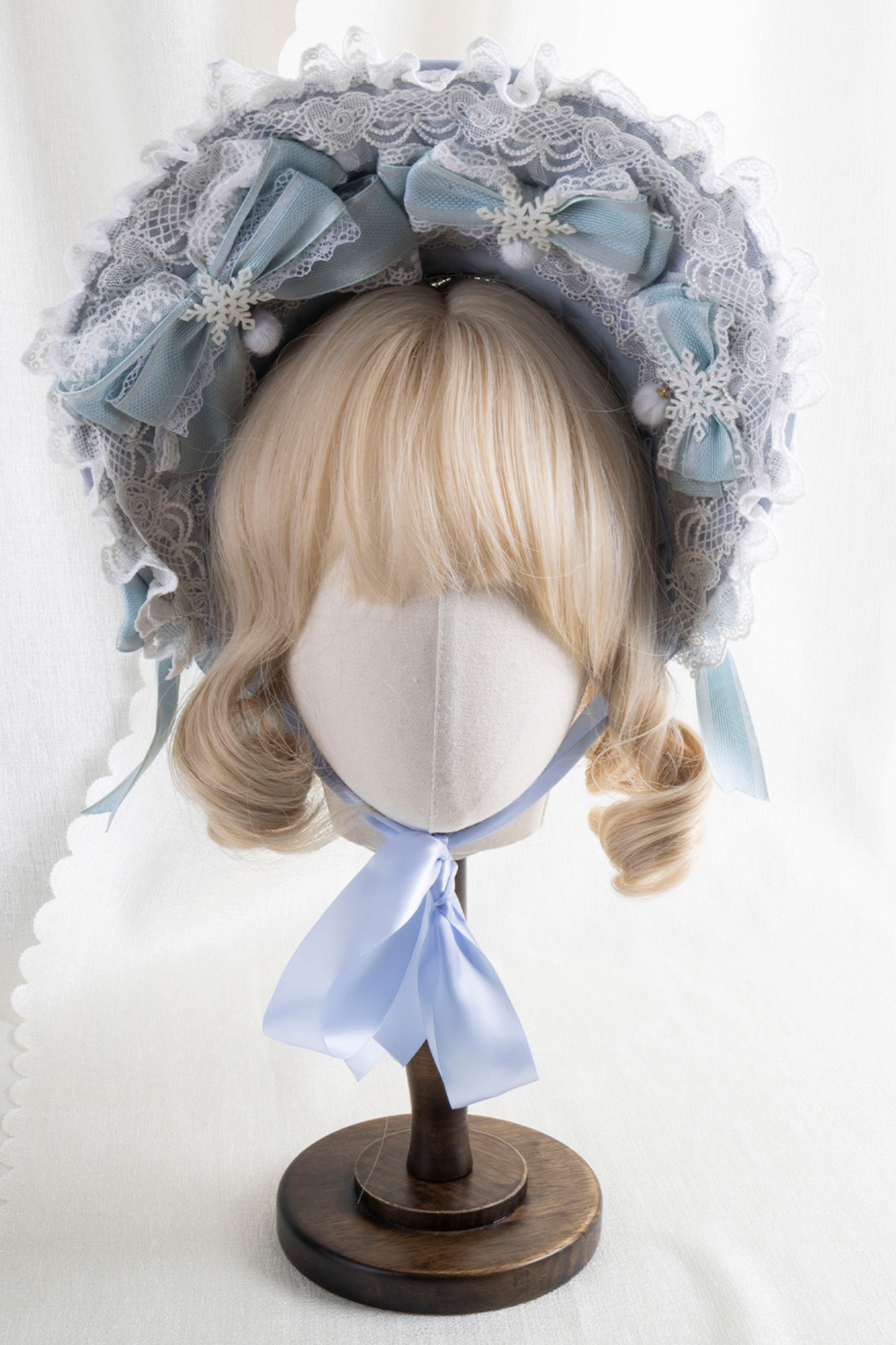 フリルアイスカラーロリータフラットハット+リボンクリップ+ヘアバンド+ハットクリップ