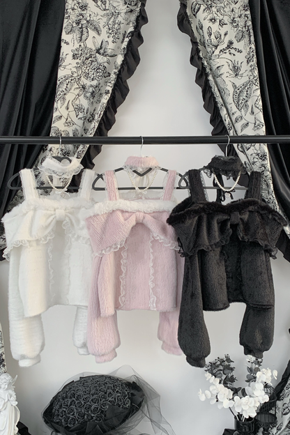 レースリボンオフショルダートップス