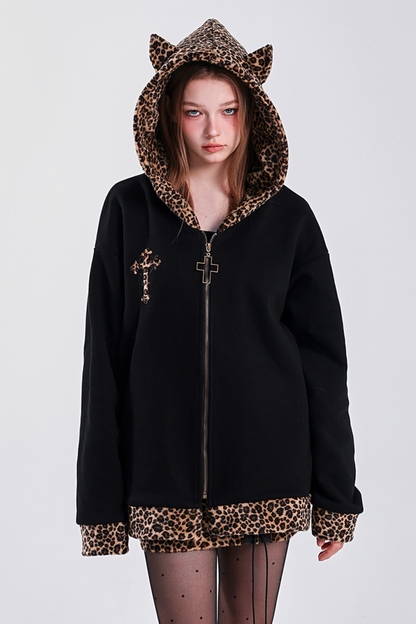 レパードプリントデビルフードパーカー