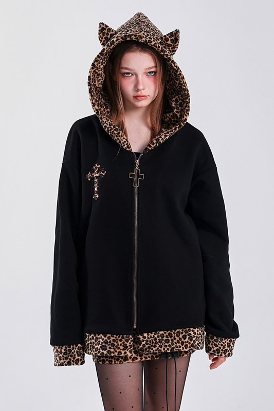 レパードプリントデビルフードパーカー