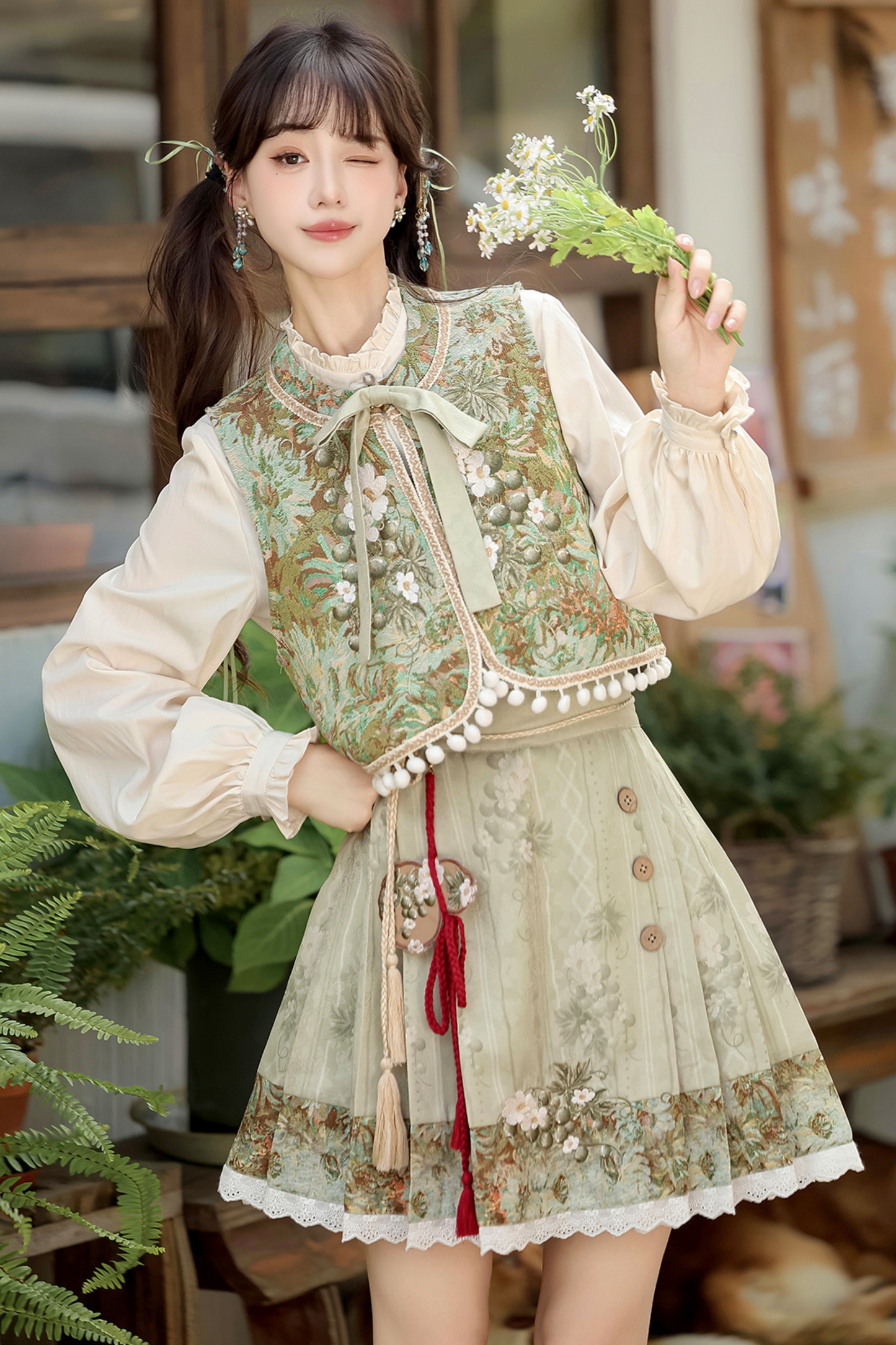 Forest China Vest + Blouse + Skirt