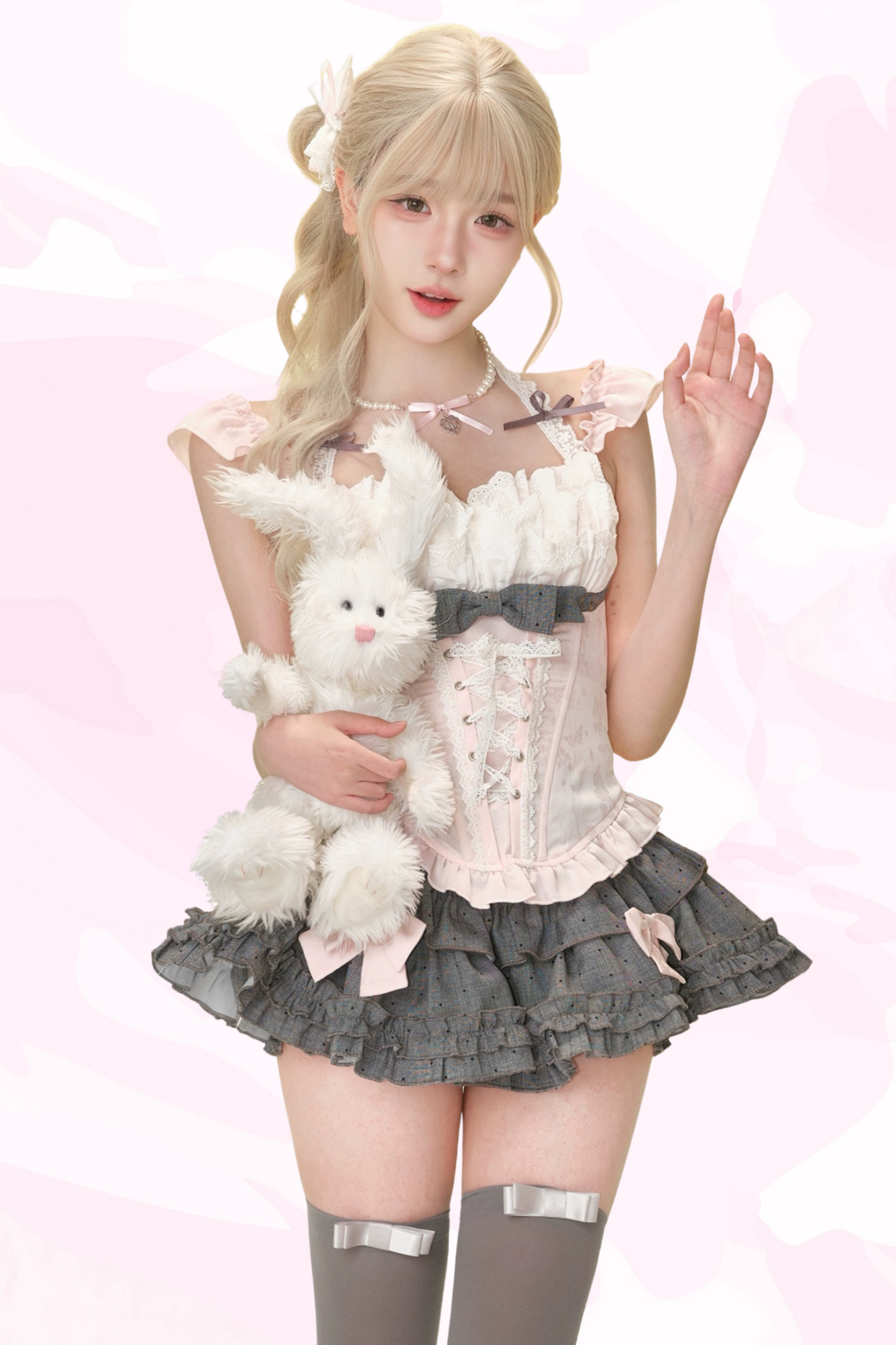 ピーチピンクコルセットトップス＋ドットケーキスカート