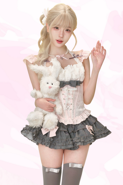 ピーチピンクコルセットトップス＋ドットケーキスカート