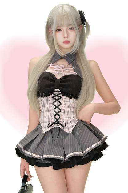 レースアップチェックトップス+ストライプスカート