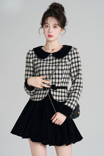 ベルベットモノクロチェックドレス