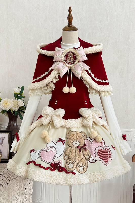 【予約商品】ラビットロリータケープ+サスペンダー+ベアデザインスカート+タートルネック