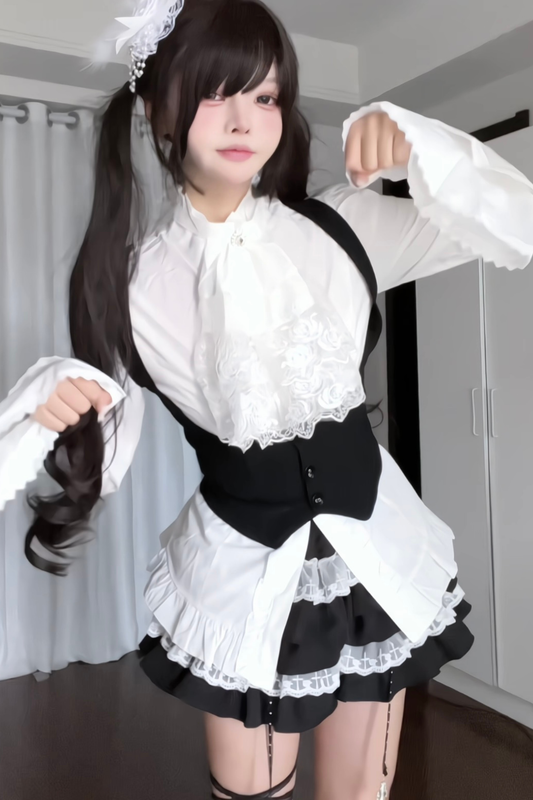 Ruffle Flying Sleeve Top + Cake Skirt