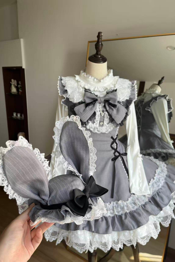 スイートロリータストライプジャンパースカートス+ラビットハット