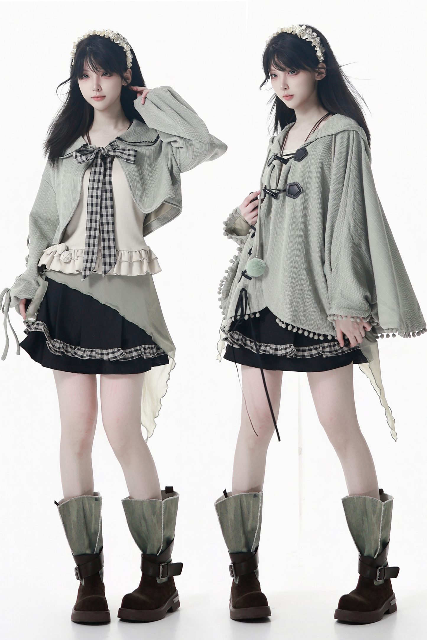 Check Ribbon Camisole Two Piece Jacket + Cape Coat + Skirt
