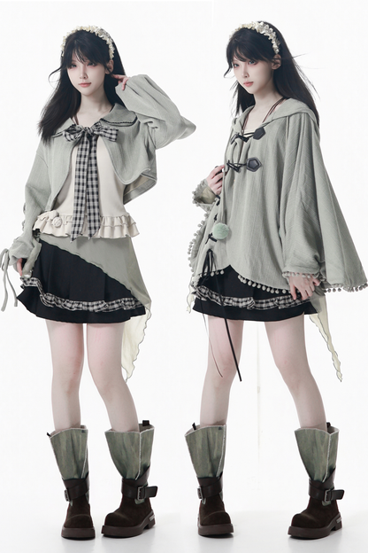 Check Ribbon Camisole Two Piece Jacket + Cape Coat + Skirt