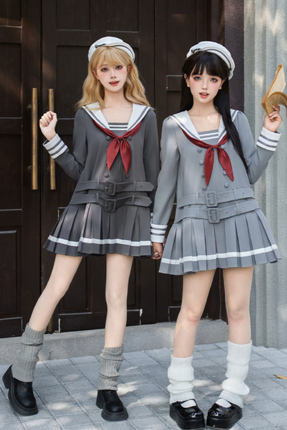 Robe collège plissée à col marin + Ruban + Chapeau