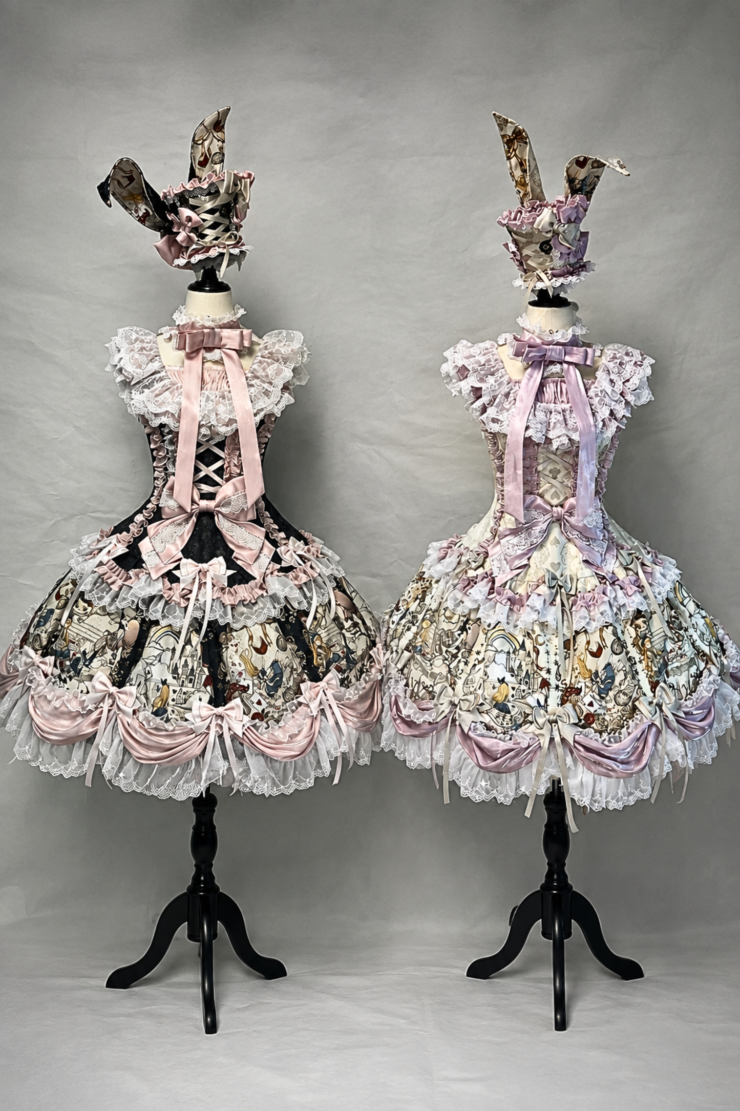 [Pre-order Deadline: September 28] Navy/Off-White Alice Classical Lolita Print Playing Card Frill Ribbon Dress + KC Set + Bunny Ear Hat Set