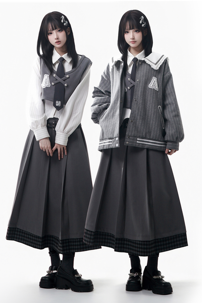 ストライプコート+シャツ+ベスト+ロングスカート