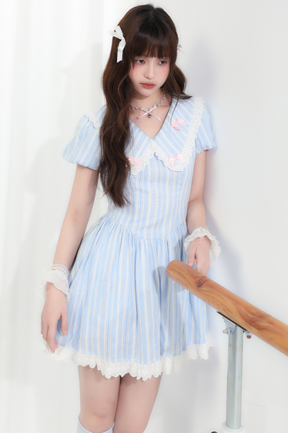 Lace Ribbon Blue Striped Dress