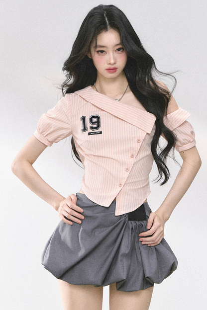 ワンショルダーロゴタイトトップス