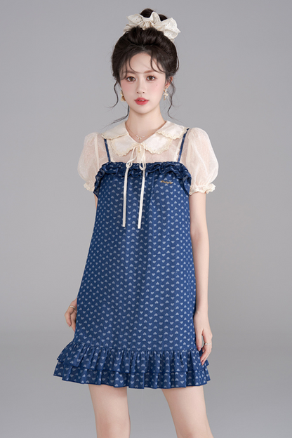 Polka Dot Ruffle Denim Dress + Shirt