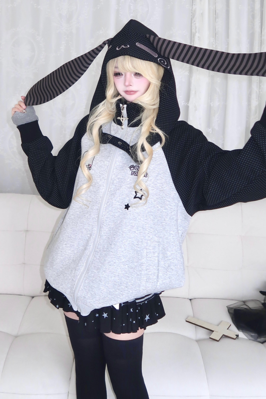 ボーダーラビットイヤーフードルーズパーカー