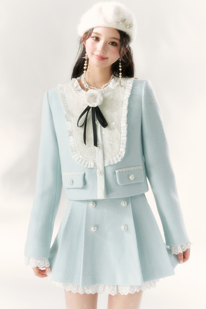 Ice Blue Rose College Style Jacket + Side Pleated Skirt