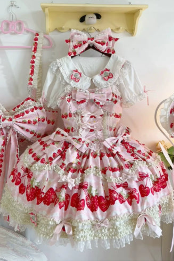 ストロベリーロリータジャンパースカート+ラビットヘアスカーフ+ビッグリボン+トップス+ハット+ボンネット