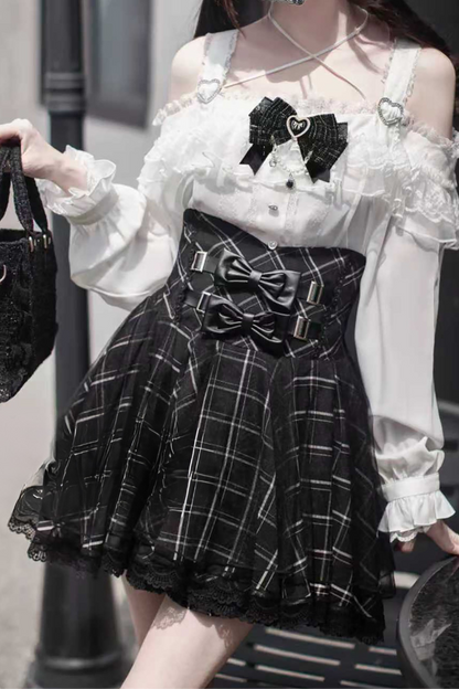 Mine off-the-shoulder shirt + checked skirt (with inner pants)