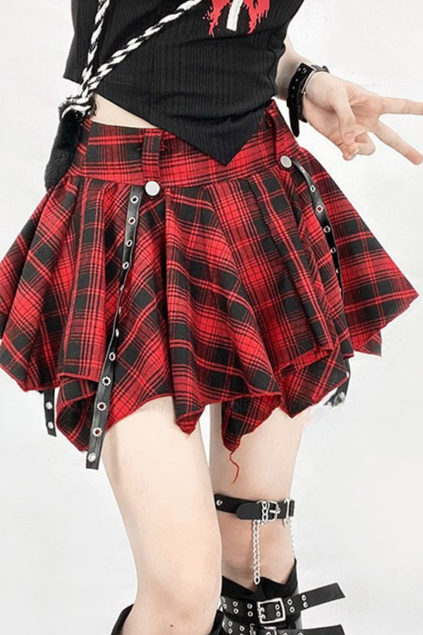 レッドチェックアシンメトリカルミニスカート+レッグウォーマー
