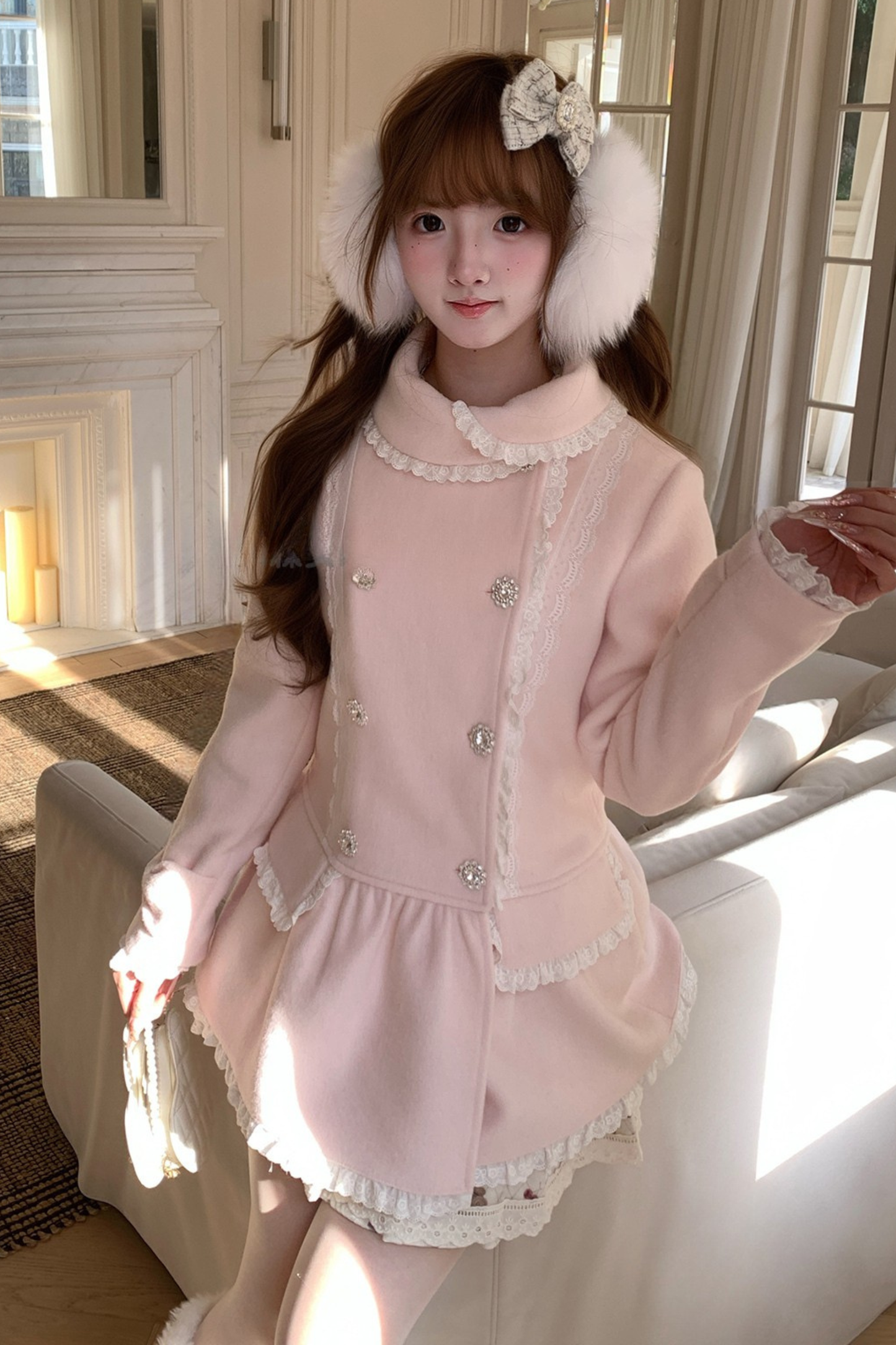 スイートピュアピンクフリルコート