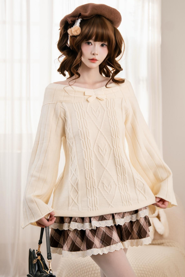 ケーブルオフショルダーニットトップス