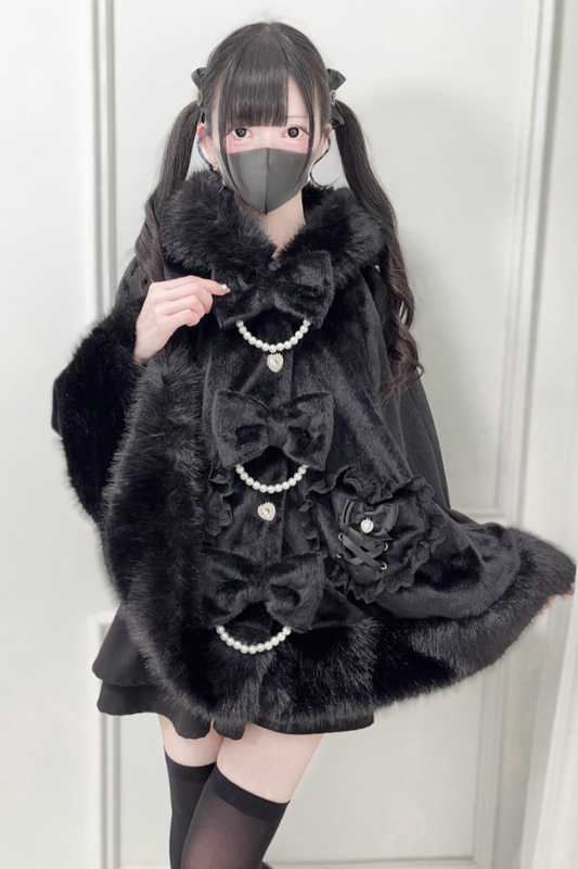 Pearl Ribbon Fur Hooded Flared Coat