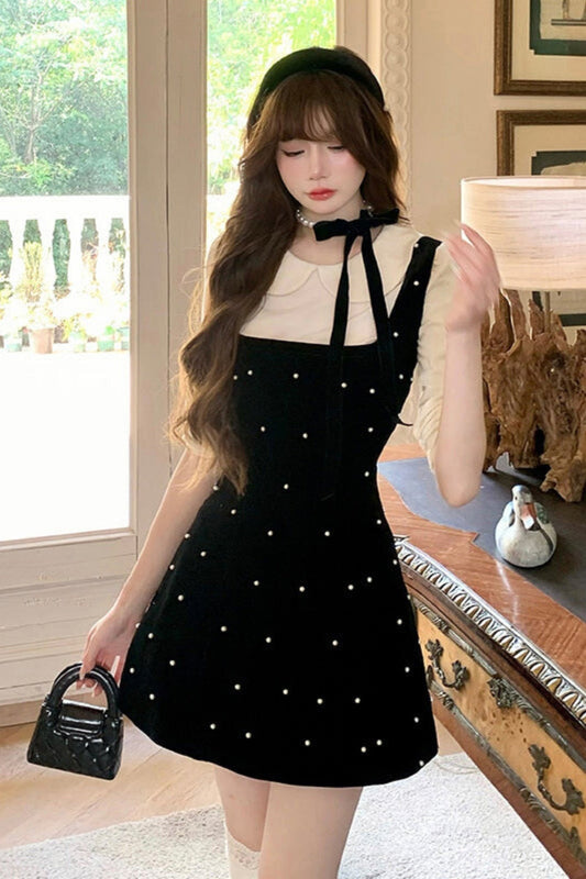 Black Velvet Pearl Line Dress