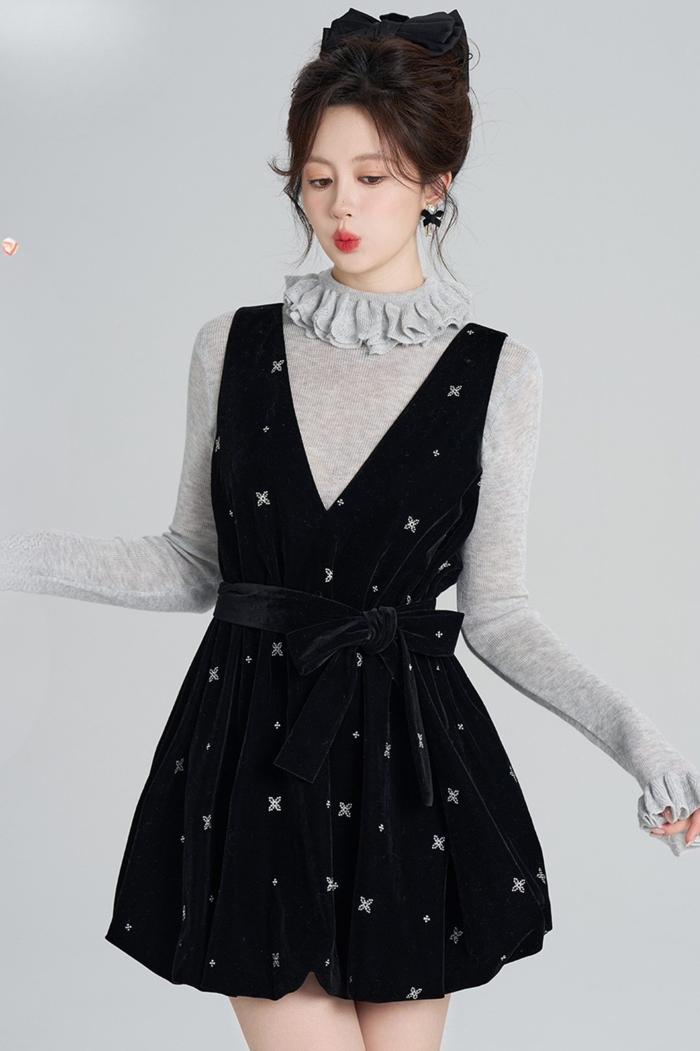 フレンチブラックベルベットリボンバルーンドレス