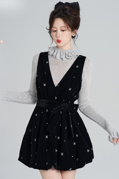 フレンチブラックベルベットリボンバルーンドレス